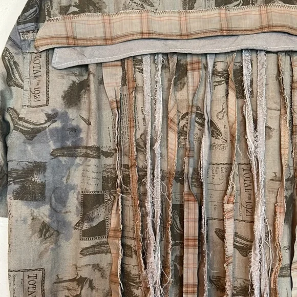 Upcycled patched over dyed fringe back sportsmen’s fish print plaid duster shirt